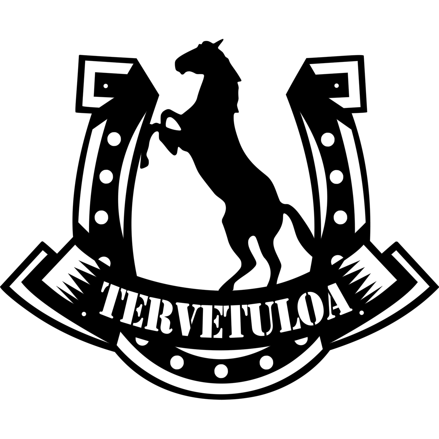 Hevonen ja Hevosenkenkä metallikyltti jossa hevosen siluetti ja perinteinen hevosenkengän muoto. Suomessa valmistettu laserleikattu kyltti voidaan valita valmiilla Tervetuloa tekstillä tai kustomoida omalla nimellä kuten tallin tai maatilan nimellä.