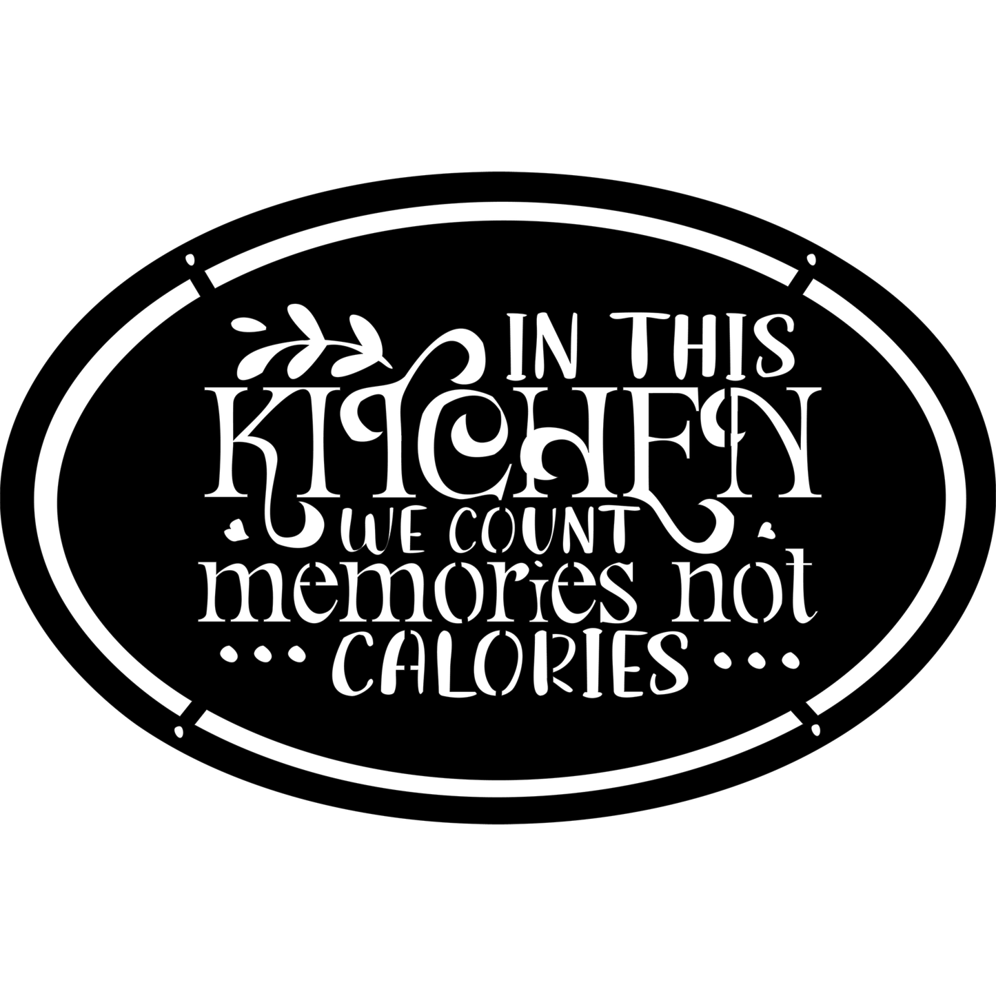 Kitchen Memories metallinen seinäkoriste jossa teksti In this kitchen we count memories not calories. Suomessa valmistettu laserleikattu keittiötaulu tuo lämpöä ja huumoria arkeen ja sopii moderniin skandinaaviseen sisustukseen tai lahjaksi ruoanlaiton ystävälle.