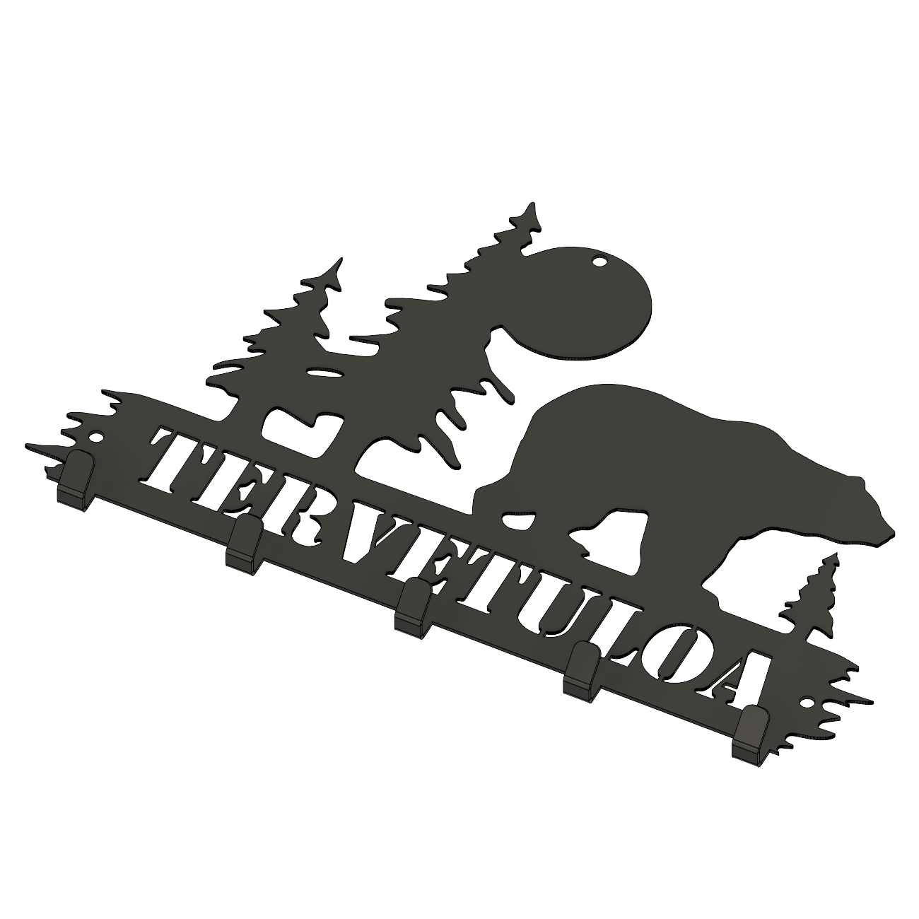 Metallinen seinänaulakko Karhu jossa karhu kulkee metsän keskellä tunnelmallisessa siluetissa. Suomessa valmistettu laserleikattu naulakko voidaan kustomoida omalla tekstillä kuten perheen tai mökin nimellä. Luonnonläheinen ja kestävä design sopii kotiin mökille tai lahjaksi.