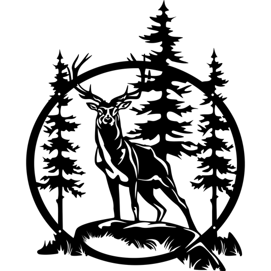 Metsäpeura pyöreä metallitaulu jossa kaksi peuraa seisoo metsässä pohjoisen luonnon rauhassa. Suomessa valmistettu laserleikattu seinäkoriste sopii kotiin mökille tai lahjaksi luonnon ystävälle. Saatavana useissa materiaaleissa kuten corten teräs ja ruostumaton teräs.