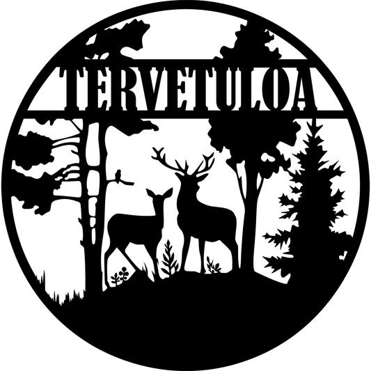Metsäneläimet metallikyltti kustomoitava pyöreä peurat puut tervetuloa welcome välkommen