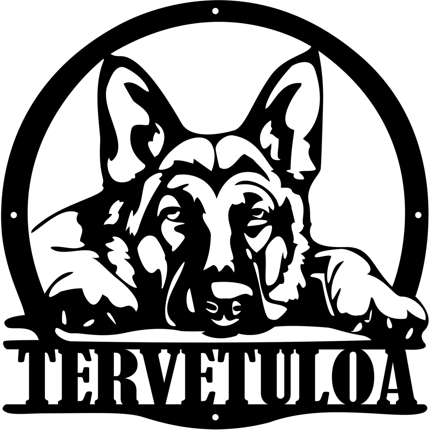 Kustomoitava Saksanpaimenkoira metallikyltti jossa koira katsoo valppaana ja lempeänä. Laserleikattu metallinen kyltti voidaan personoida tekstillä kuten Tervetuloa Varo koiraa tai koiran nimellä. Sopii ulko-oveen porttiin tai seinälle.