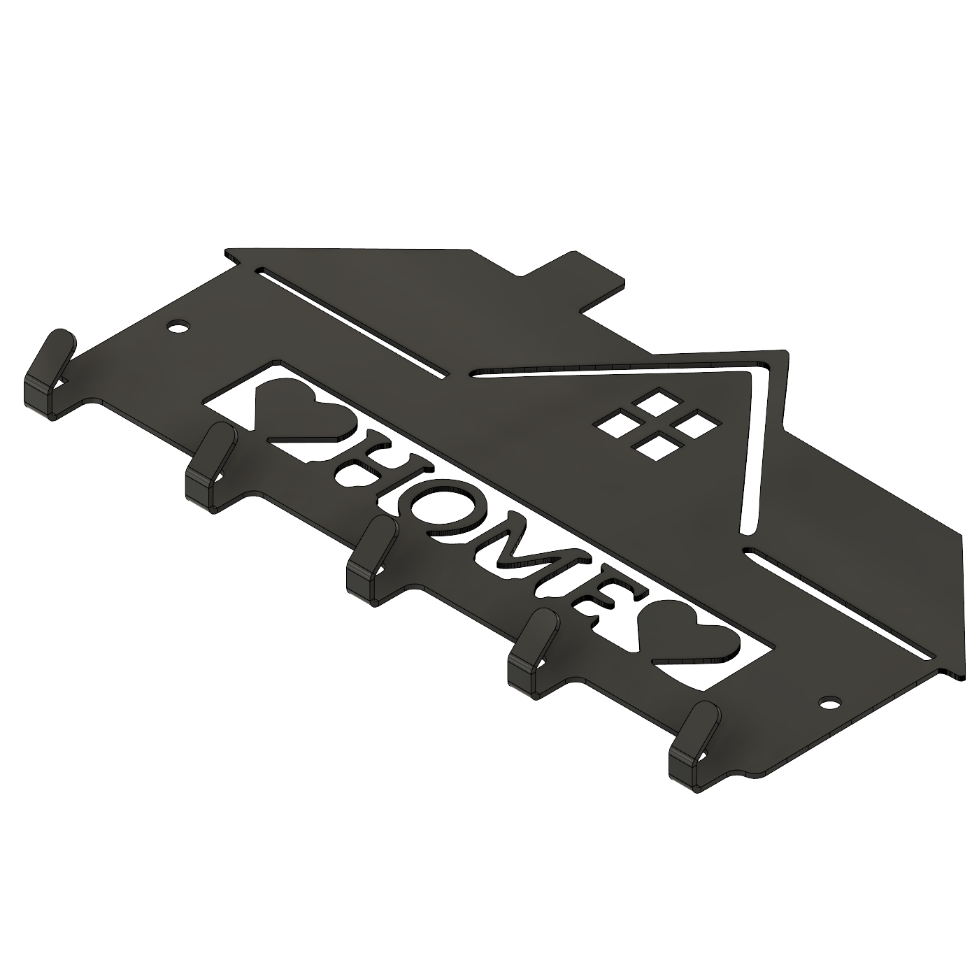 Metallinen seinänaulakko Talo jossa talon muotoinen siluetti ikkunoineen ja savupiippuineen. Suomessa valmistettu laserleikattu naulakko voidaan kustomoida omalla tekstillä kuten perheen tai mökin nimellä. Tyylikäs ja käytännöllinen sisustuselementti eteiseen tai lahjaksi.