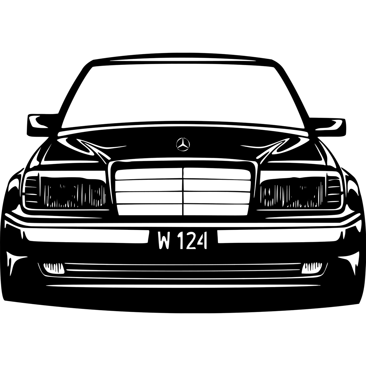 W124 Keula metallinen seinäkyltti jossa Mercedes Benz W124 auton etusiluetti on kuvattu tarkasti. Suomessa valmistettu laserleikattu metallikyltti voidaan personoida omalla tekstillä kuten rekisterinumerolla lempinimellä tai vuosimallilla. Tyylikäs koriste autoharrastajalle tai lahjaksi klassikkoauton ystävälle.