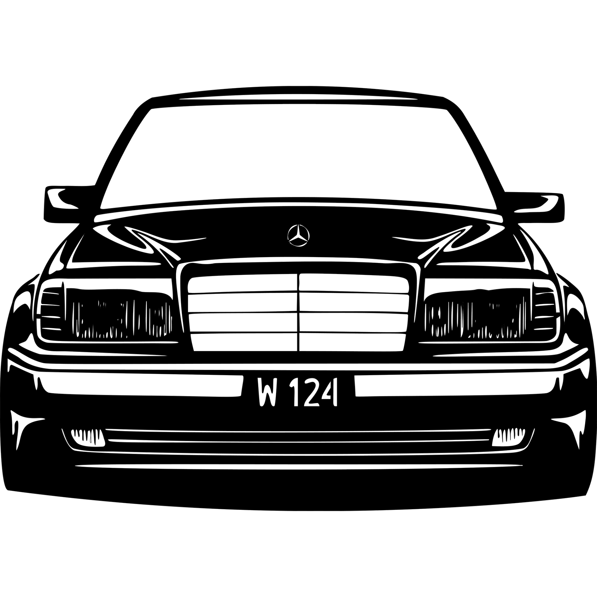 W124 Keula metallinen seinäkyltti jossa Mercedes Benz W124 auton etusiluetti on kuvattu tarkasti. Suomessa valmistettu laserleikattu metallikyltti voidaan personoida omalla tekstillä kuten rekisterinumerolla lempinimellä tai vuosimallilla. Tyylikäs koriste autoharrastajalle tai lahjaksi klassikkoauton ystävälle.