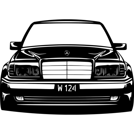 W124 Keula metallinen seinäkyltti jossa Mercedes Benz W124 auton etusiluetti on kuvattu tarkasti. Suomessa valmistettu laserleikattu metallikyltti voidaan personoida omalla tekstillä kuten rekisterinumerolla lempinimellä tai vuosimallilla. Tyylikäs koriste autoharrastajalle tai lahjaksi klassikkoauton ystävälle.