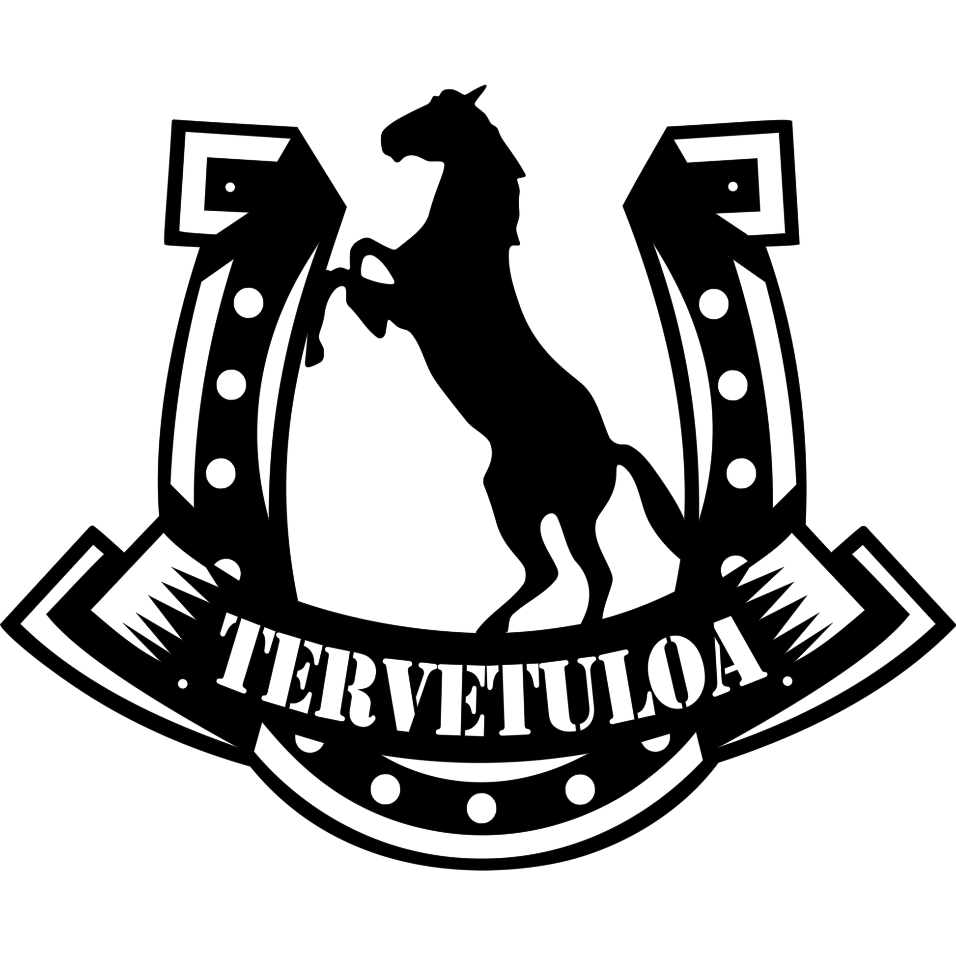 Hevonen ja Hevosenkenkä metallikyltti jossa hevosen siluetti ja perinteinen hevosenkengän muoto. Suomessa valmistettu laserleikattu kyltti voidaan valita valmiilla Tervetuloa tekstillä tai kustomoida omalla nimellä kuten tallin tai maatilan nimellä.