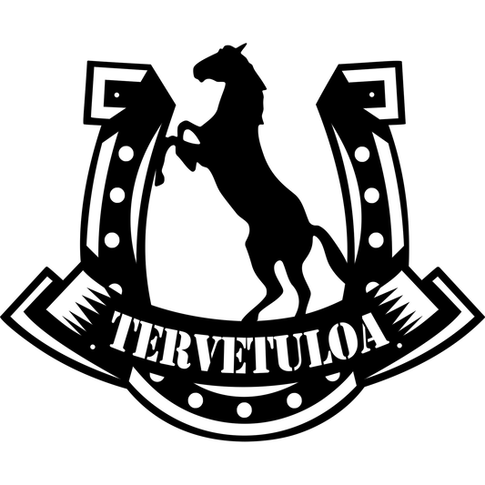 Hevonen ja Hevosenkenkä metallikyltti jossa hevosen siluetti ja perinteinen hevosenkengän muoto. Suomessa valmistettu laserleikattu kyltti voidaan valita valmiilla Tervetuloa tekstillä tai kustomoida omalla nimellä kuten tallin tai maatilan nimellä.