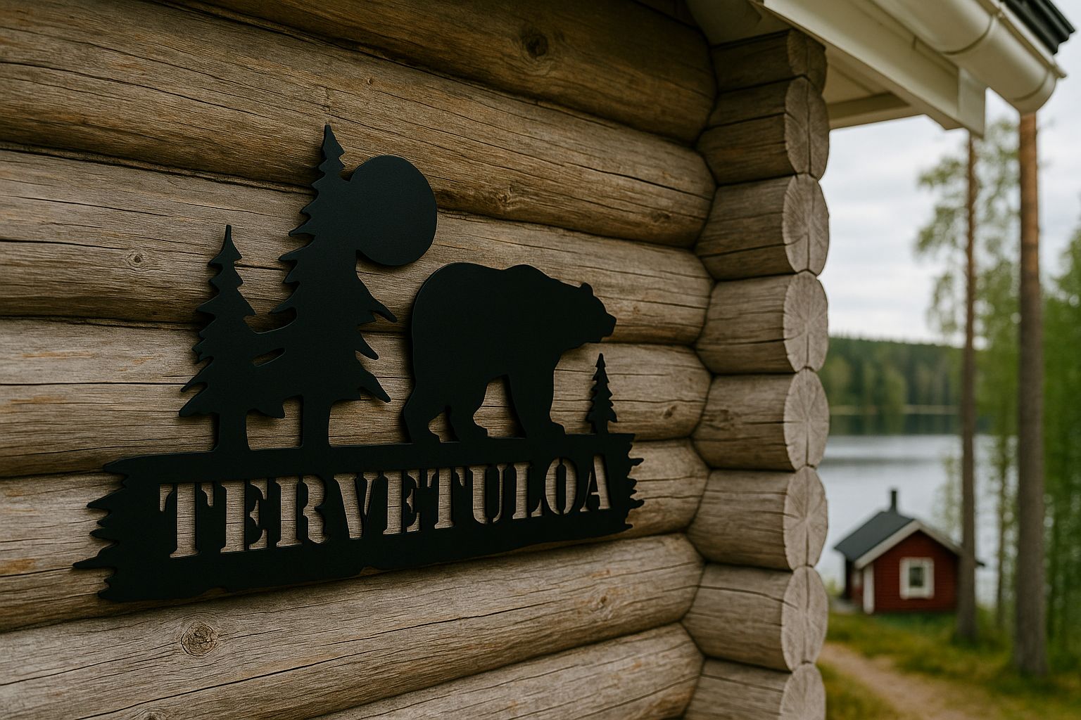 Karhu metallikyltti jossa karhun siluetti seisoo metsän keskellä. Suomessa valmistettu laserleikattu metallikyltti on personoitavissa omalla tekstillä kuten tilan nimellä tai tervehdyksellä. Tyylikäs ja kestävä koriste pihaan, mökille tai sisustukseen.