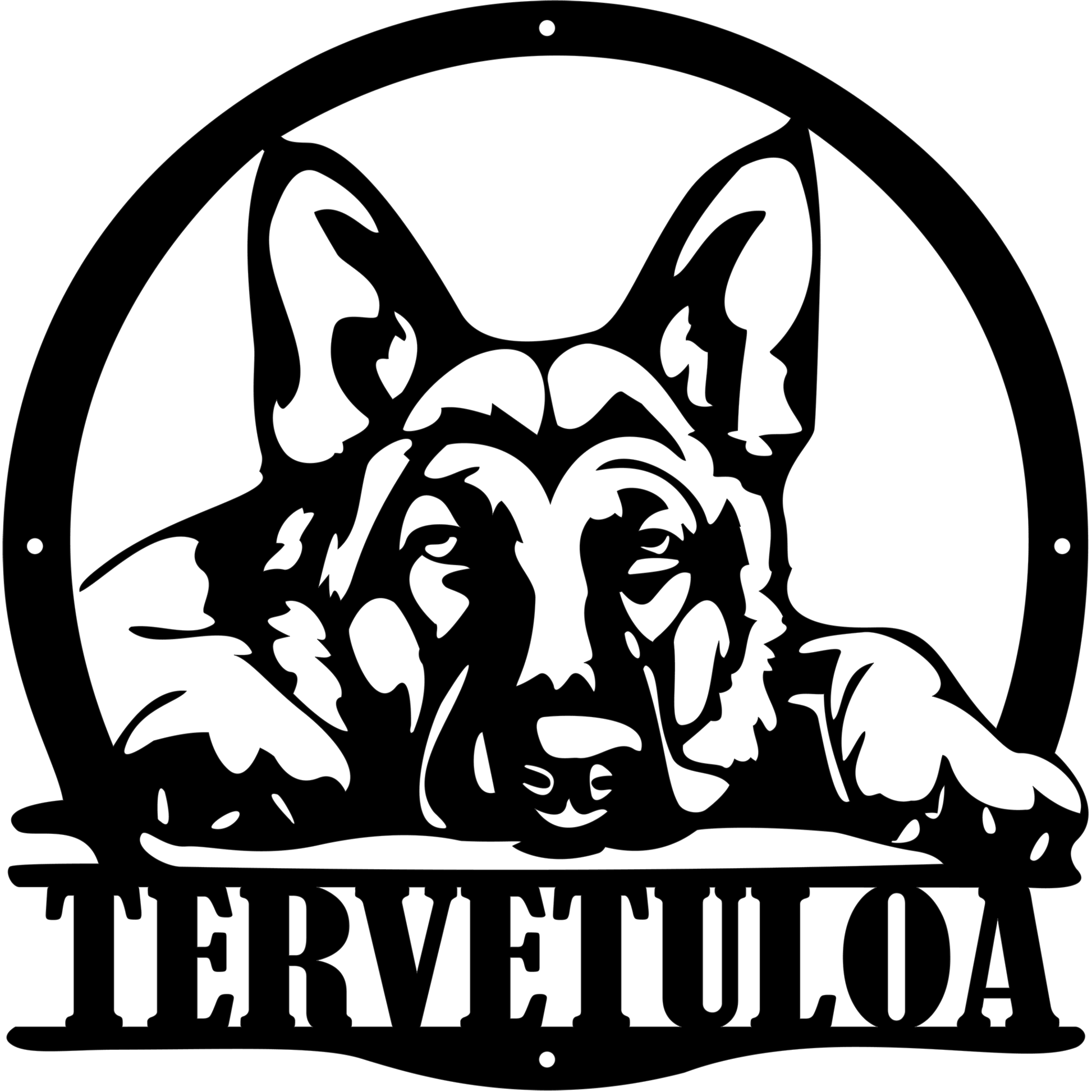 Kustomoitava Saksanpaimenkoira metallikyltti jossa koira katsoo valppaana ja lempeänä. Laserleikattu metallinen kyltti voidaan personoida tekstillä kuten Tervetuloa Varo koiraa tai koiran nimellä. Sopii ulko-oveen porttiin tai seinälle.