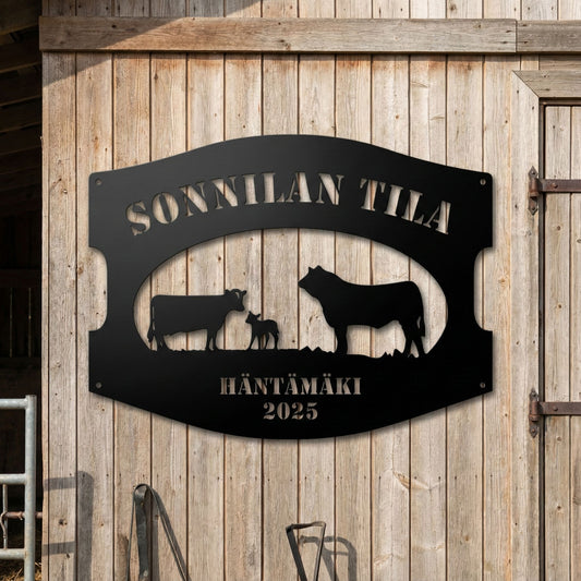 Lehmät farmikyltti omalla tekstillä