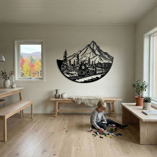 Vuorijuna teräksinen maisemakyltti