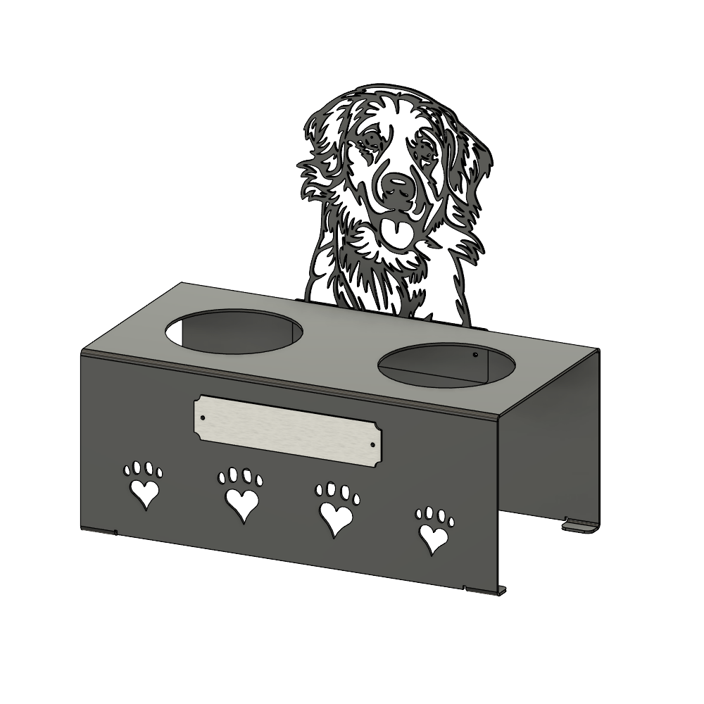 Korotettu M ruokakuppi isolle koiralle painava ja tukeva metallinen ruokakuppiteline, joka on helppo puhdistaa. Kustomoitava ja vaihdettava nimikyltti. Kustomoitava koirarotu. Vähentää koiran närästystä ja toimii samalla tyylikkäänä sisustuselementtinä.