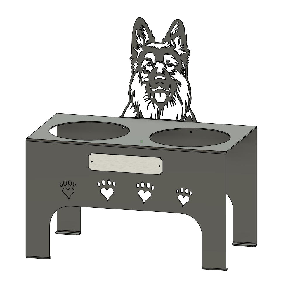 Korotettu XL ruokakuppi isolle koiralle painava ja tukeva metallinen ruokakuppiteline, joka on helppo puhdistaa. Kustomoitava ja vaihdettava nimikyltti. Kustomoitava koirarotu. Vähentää koiran närästystä ja toimii samalla tyylikkäänä sisustuselementtinä.